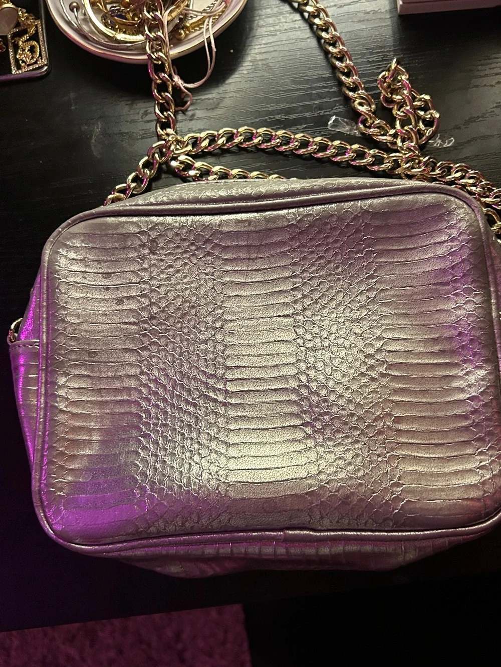 Victoria's Secret Iridescent Pink Croc-Embossed Crossbody Bag